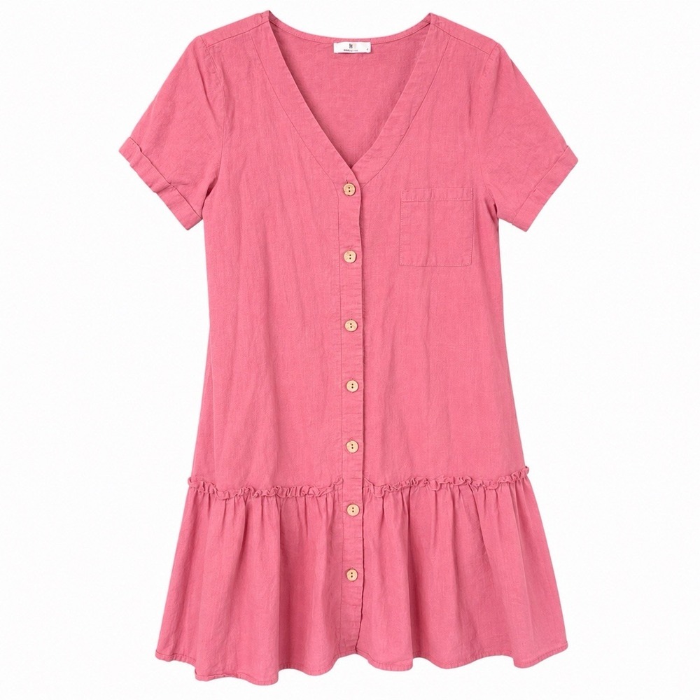 100% Cotton Crisp Ruffle Cottagecore Mauve Button Down Shirt Dress Women's M